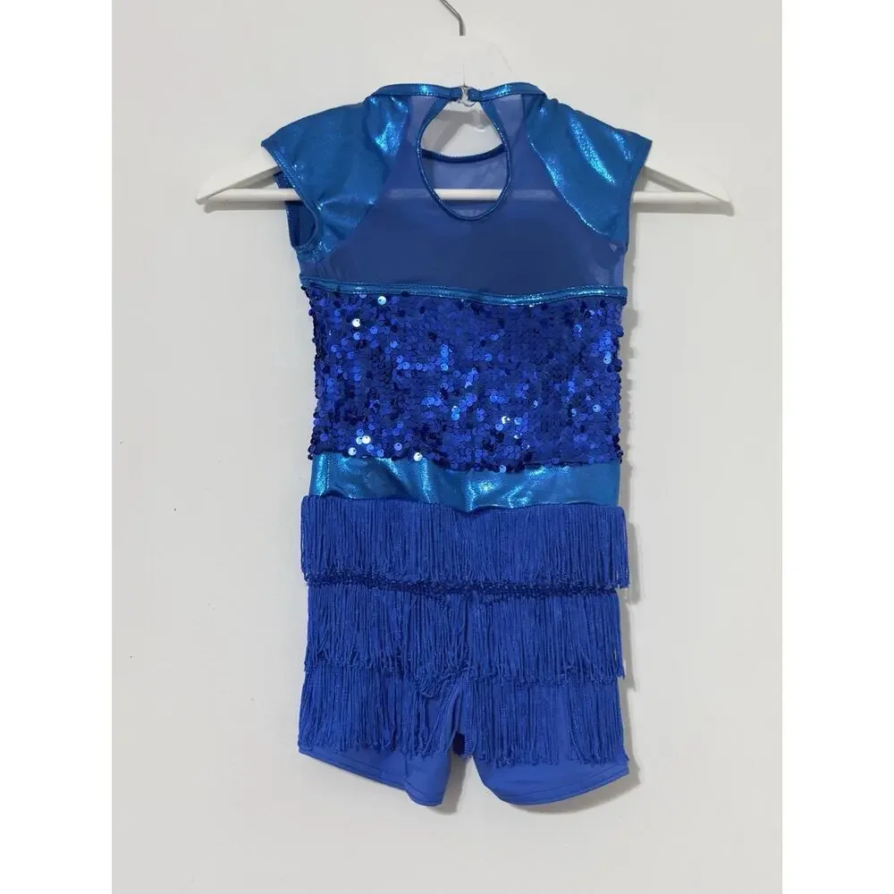 Weissman Child IC 7/8 Blue Jazz Dance Costume Sequins And Fringe